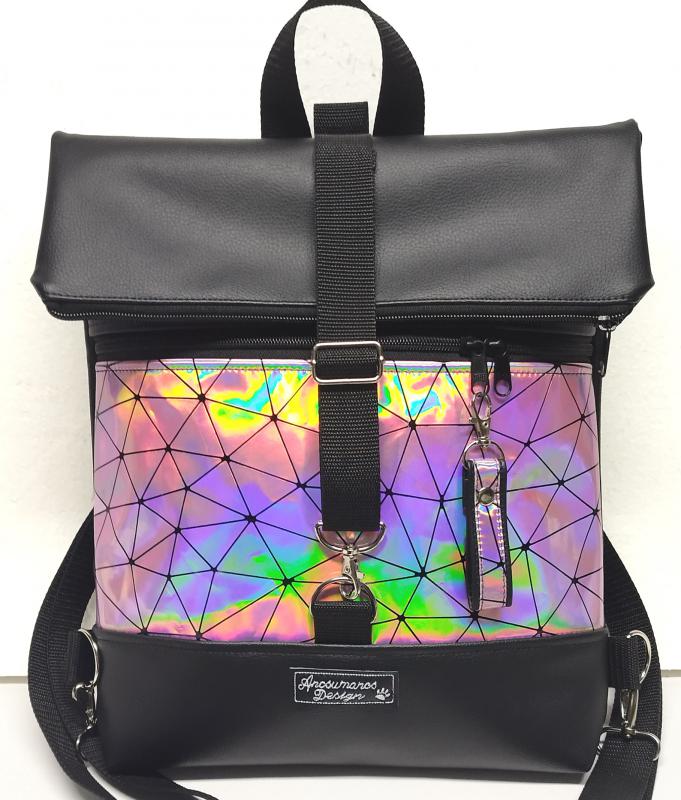 Roll Up Maxi dupla pántos hátizsák sok zsebbel - Fekete rose lézerhologram