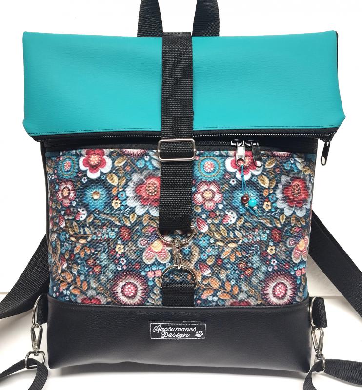 Roll Up Maxi dupla pántos hátizsák sok zsebbel - Fekete - türkíz folk virágokkal