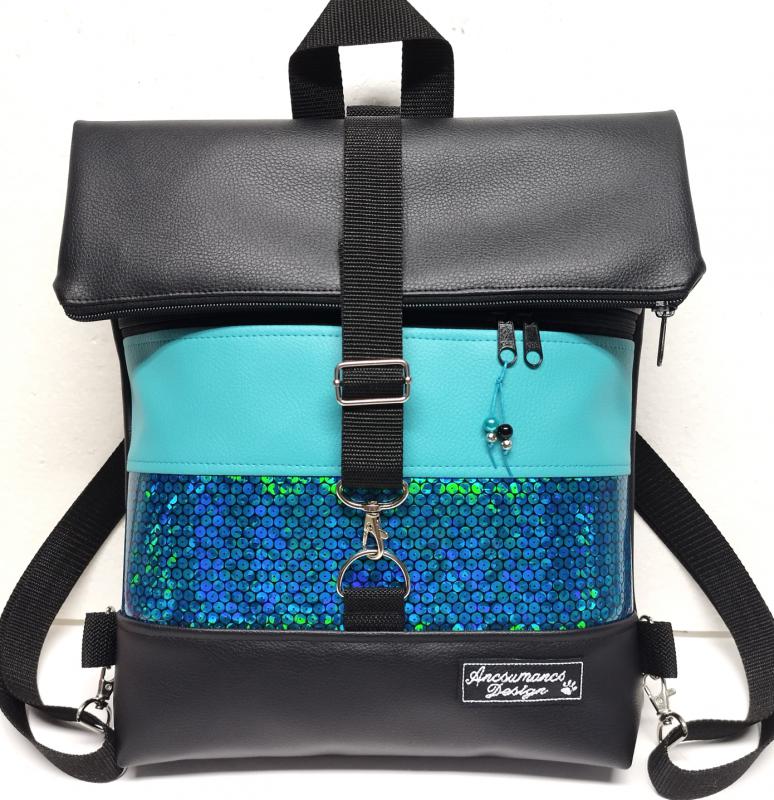 Roll Up Maxi dupla pántos hátizsák sok zsebbel - Fekete türkíz türkízhologram