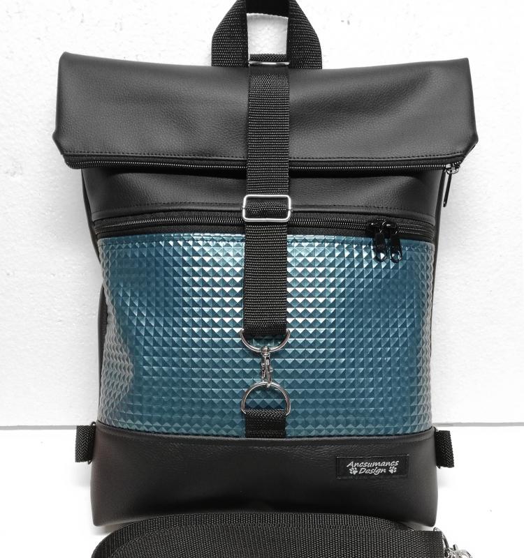 Roll Up Maxi dupla pántos hátizsák sok zsebbel - Fekete türkízzel