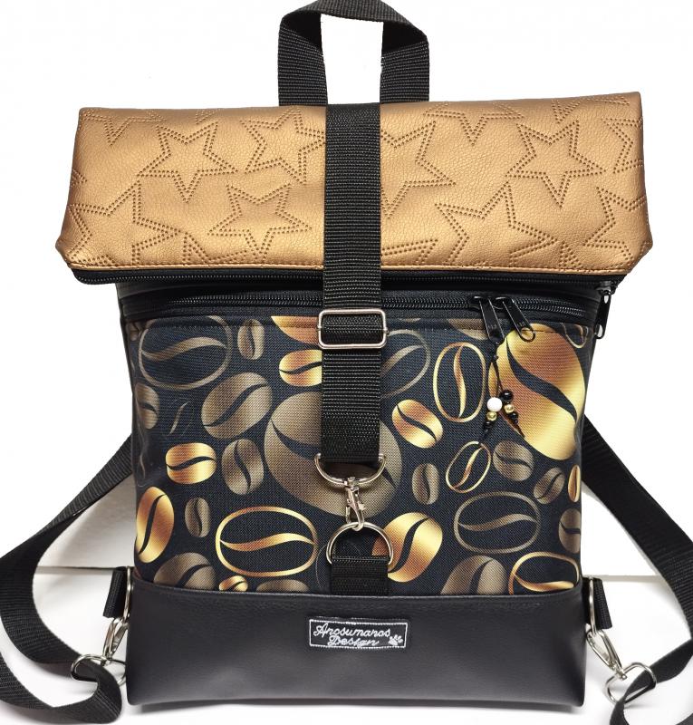 Roll Up Maxi dupla pántos hátizsák sok zsebbel - Kávészünet fekete és csillagosbronz alapon