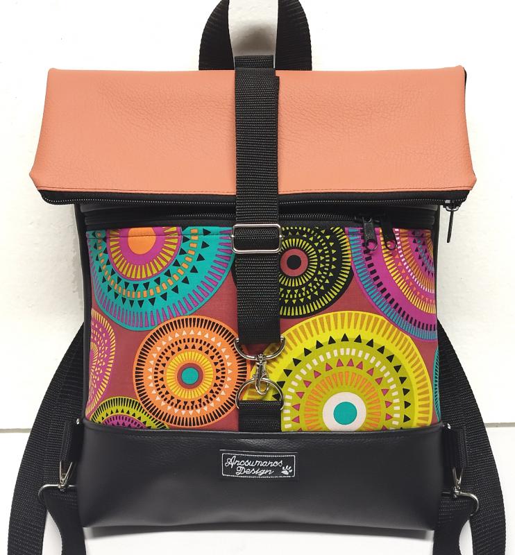 Roll Up Maxi dupla pántos hátizsák sok zsebbel - Mandalák fekete lazac alapon