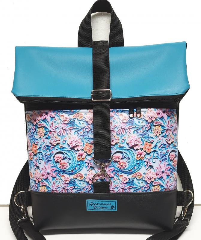 Roll Up Maxi dupla pántos hátizsák sok zsebbel - Origami virágok türkizzel