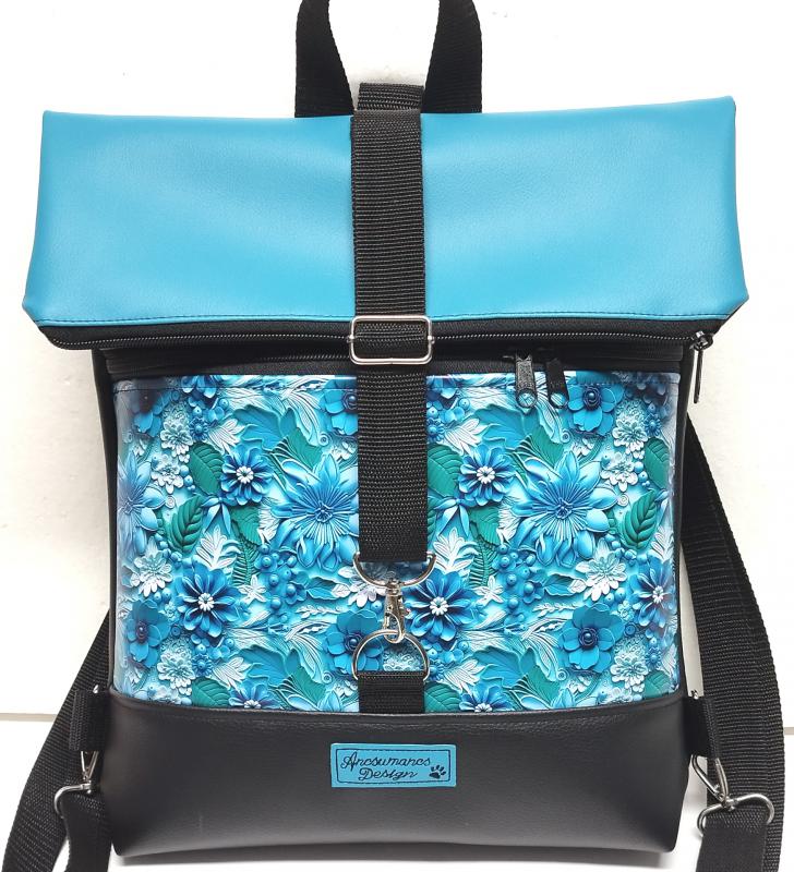 Roll Up Maxi dupla pántos hátizsák sok zsebbel - Türkiz 3D virágok