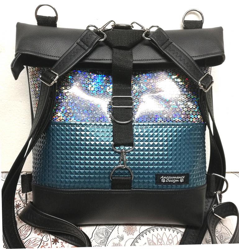 Rolltop univerzális táska hátizsák türkiz és szivárvány hologramos betéttel