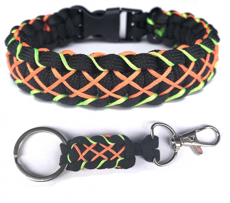 Simple Cobra X-style paracord karkötő kulcstartóval tukcsattal  fekete-neonnarancs-neonzöld (csuklóméret 19-20cm)