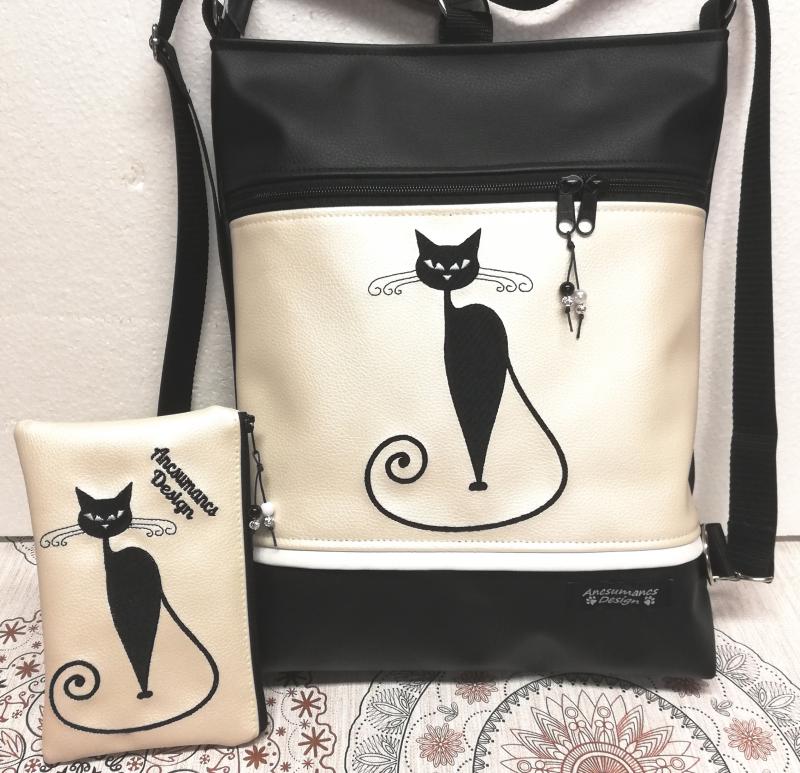 Szettben olcsóbb! Hímzett cicás 3in1 hátizsák szett univerzális táska fekete-gyöngyházpezsgő neszivel