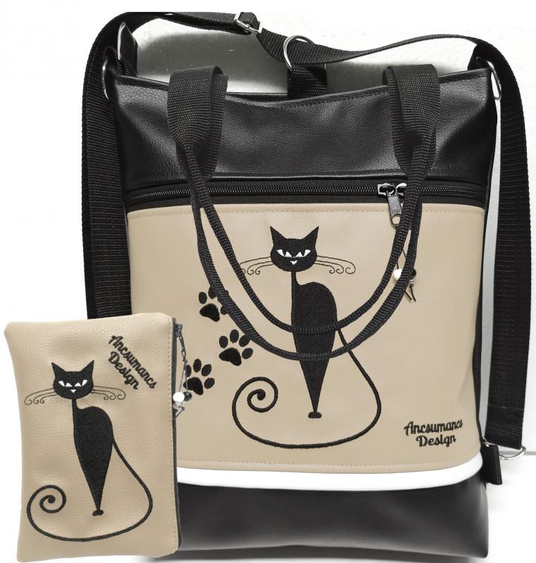 Szettben olcsóbb! Hímzett cicás tappancsos 4in1 hátizsák szett univerzális táska neszivel fekete-drapp