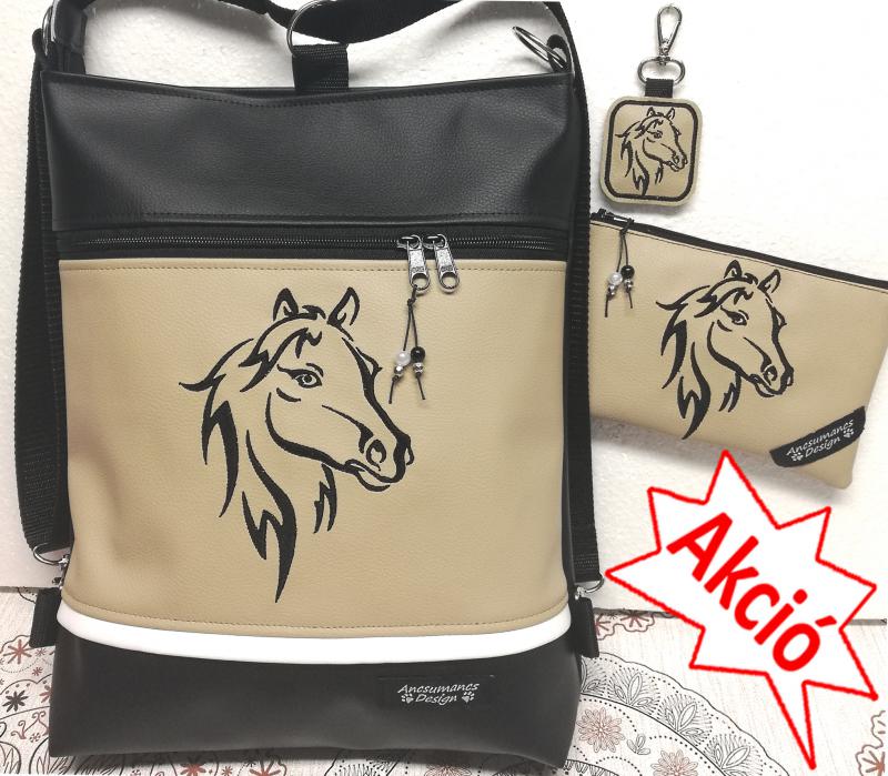 Szettben olcsóbb! Hímzett lovas 3in1 szett-táska-pénztárca-kulcstartó fekete-drapp
