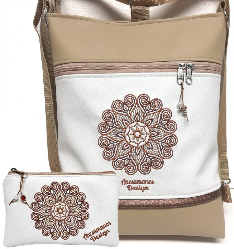 Szettben olcsóbb! Hímzett mandalás 3in1 hátizsák szett univerzális táska neszivel Drapp-fehér(mandala002)