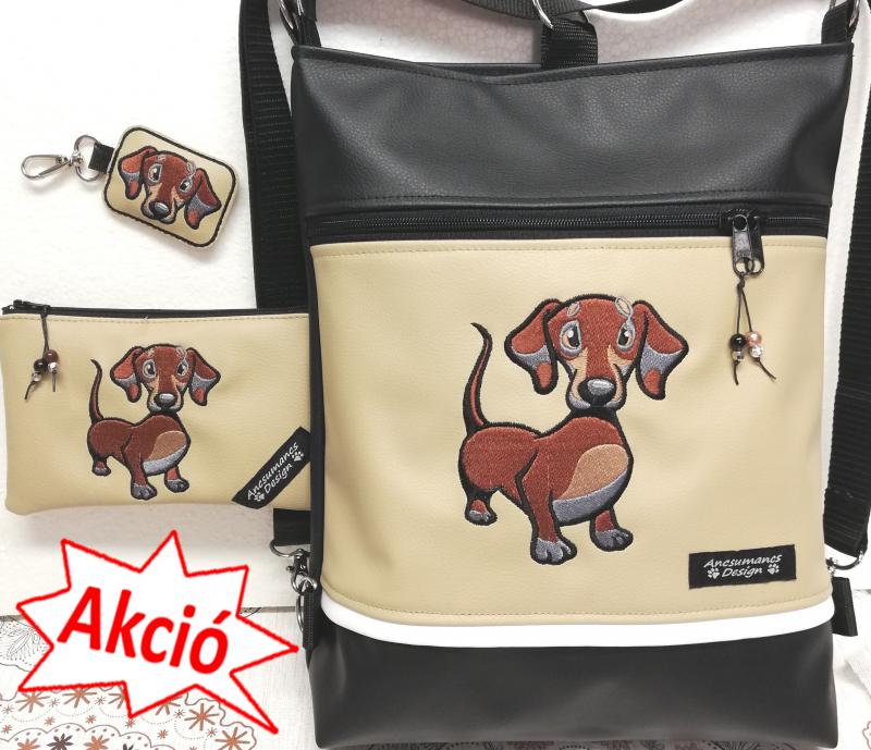 Szettben olcsóbb! Hímzett tacskó kutyus 3in1 szett-táska-pénztárca-kulcstartó