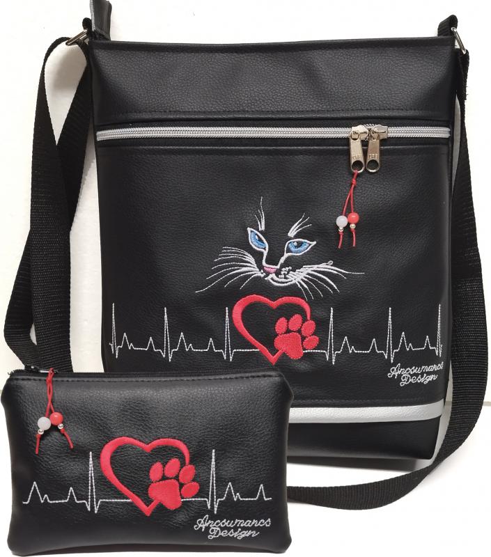 Szettben olcsóbb! Női 26x30 crossbody oldaltáska - Szívdobogás Hímzett EKG szív tappancs cica neszivel