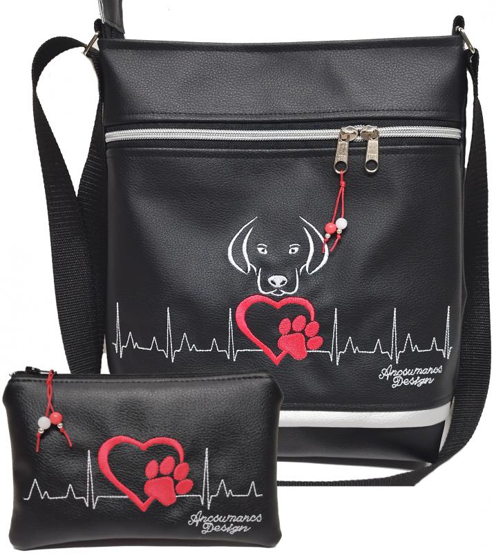 Szettben olcsóbb! Női 26x30 crossbody oldaltáska - Szívdobogás Hímzett EKG szív tappancs kutya neszivel