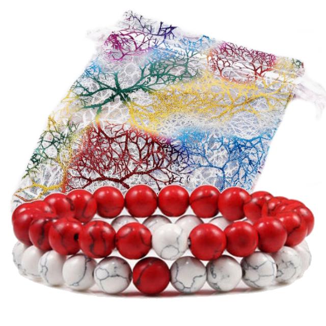 Szettben olcsóbban! Egyensúly  Howlit Páros Ásvány Karkötő szett piros fehér ajándéktasakban