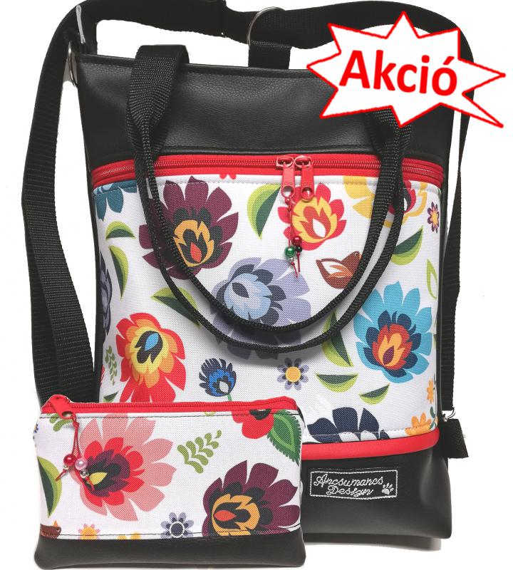 Szettben olcsóbban! Folk virágok 4in1 szett textilbőr hátizsák univerzális táska neszivel