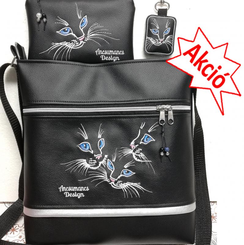 Szettben olcsóbban! Hímzett 30x30-as pakolós táska szett kékszemű cicák-táska,pénztárca,kulcstartó