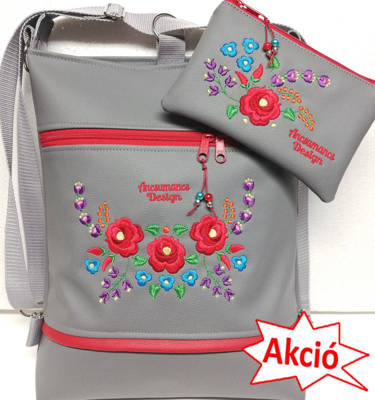 Szettben olcsóbban! Hímzett 3in1 Hungarian Folkart15 táska szett hátizsák neszivel szürke alap színes hímzéssel