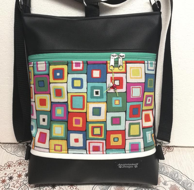 Színes négyszögek 3in1 textilbőr hátizsák oldaltáska