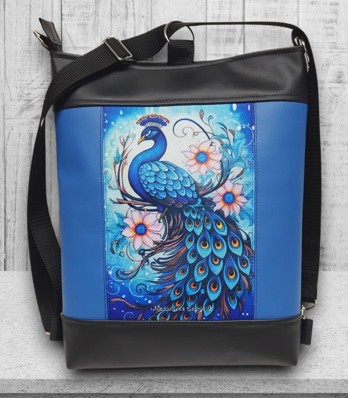 Színes páva paneles hátsó zsebes 3in1 textilbőr hátizsák oldaltáska fekete-kék