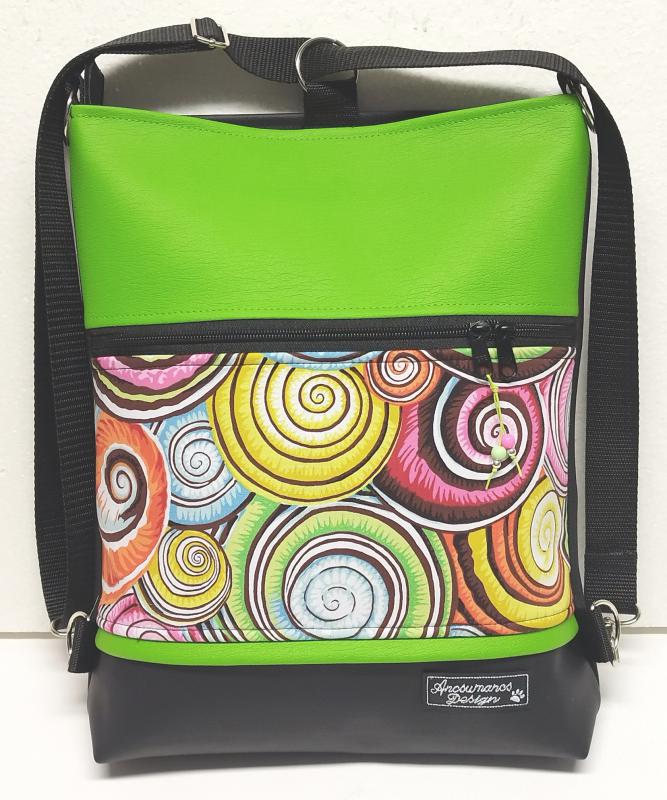 Színes spirálok fekete limezöld alapon 3in1 textilbőr hátizsák oldaltáska