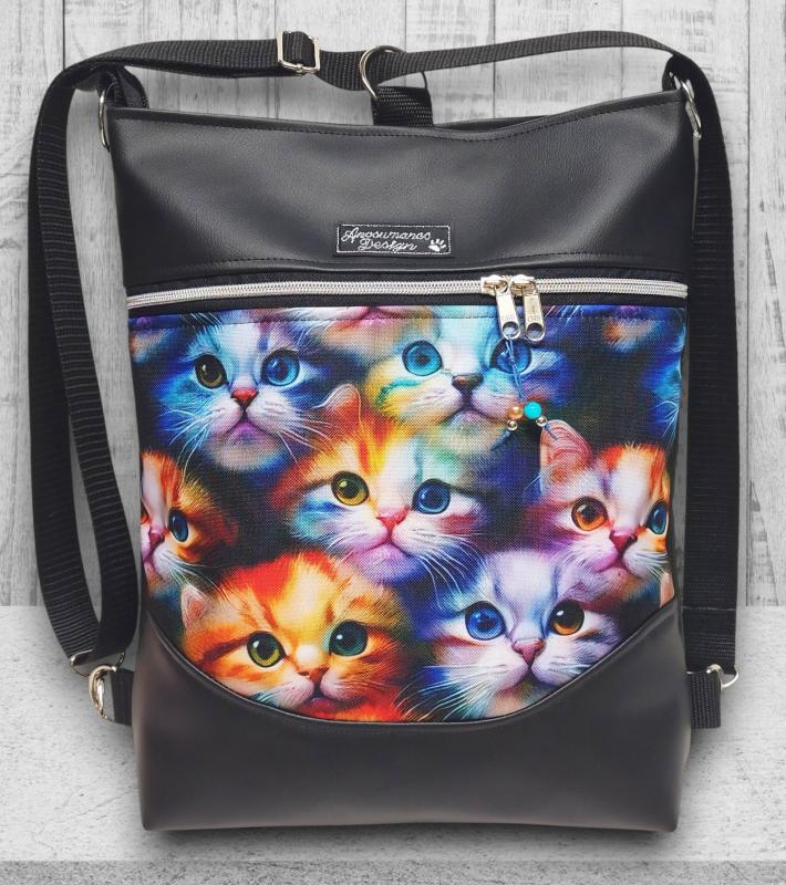 Szivárvány cicák Mosolyvonalas 3in1 textilbőr hátizsák oldaltáska Fekete alapon