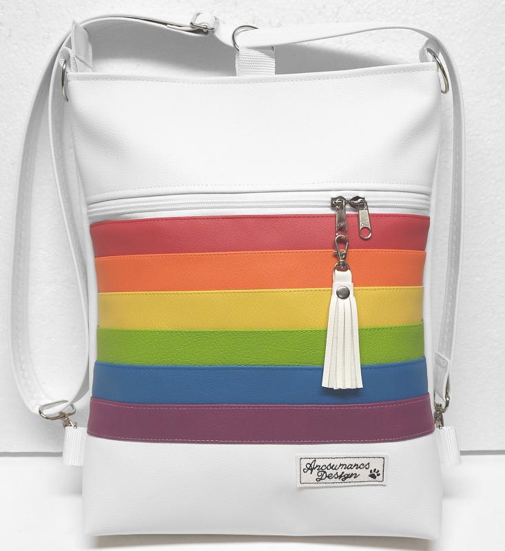 Szivárvány fehér alapon szegecselt bojtocskával 3in1 női hátizsák oldaltáska univerzális táska textilbőr füllel