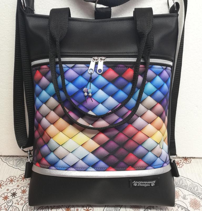 Szivárvány rombuszok 4in1 fekete hátizsák univerzális táska