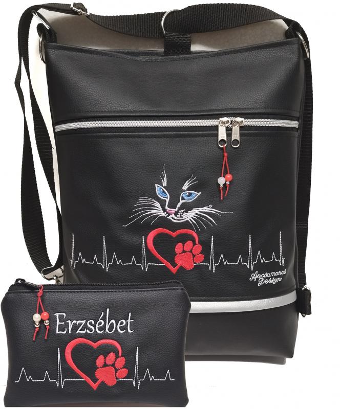 Szívdobogás 3in1 női hátizsák oldaltáska neves pénztárcával EKG szív cica