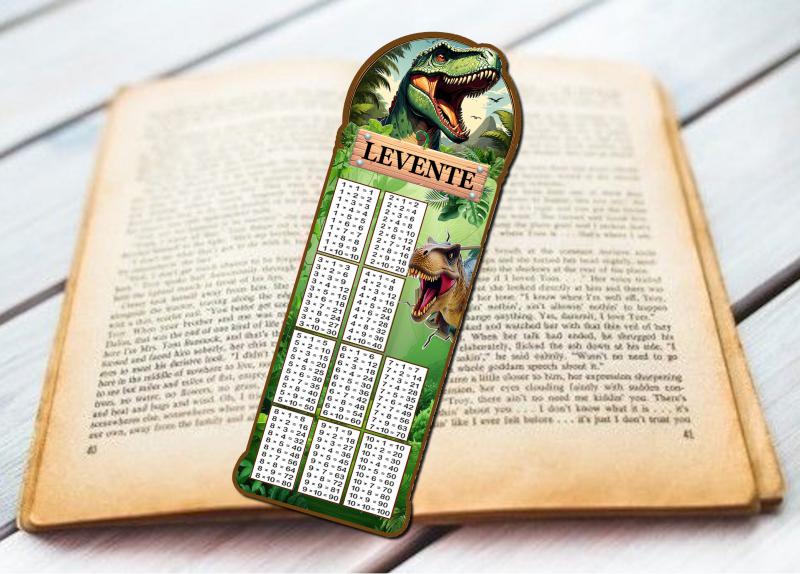 Szorzótáblás névre szóló Laminált Neves könyvjelző T-Rex Dinoszaurusz 02