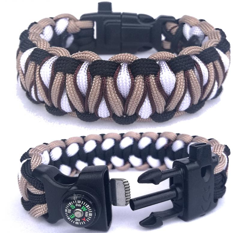 Taktikai túlélő paracord karkötő 3 funkciós csattal DRAGON EYE fekete-fehér-drapp-barna (csuklóméret 19-20cm)