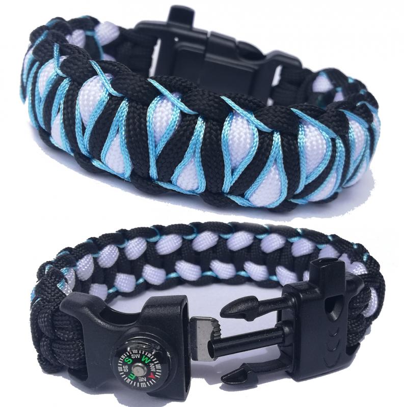 Taktikai túlélő paracord karkötő 3 funkciós csattal DRAGON EYE fekete-fehér-kék(csuklóméret 19cm)