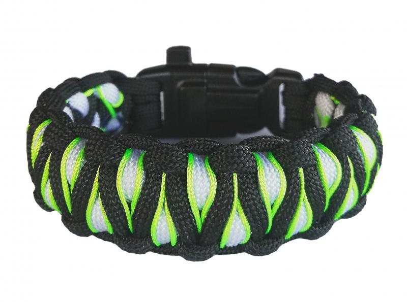Taktikai túlélő paracord karkötő 3 funkciós csattal DRAGON EYE fekete-fehér-neonzöld(csuklóméret: 18-19cm)