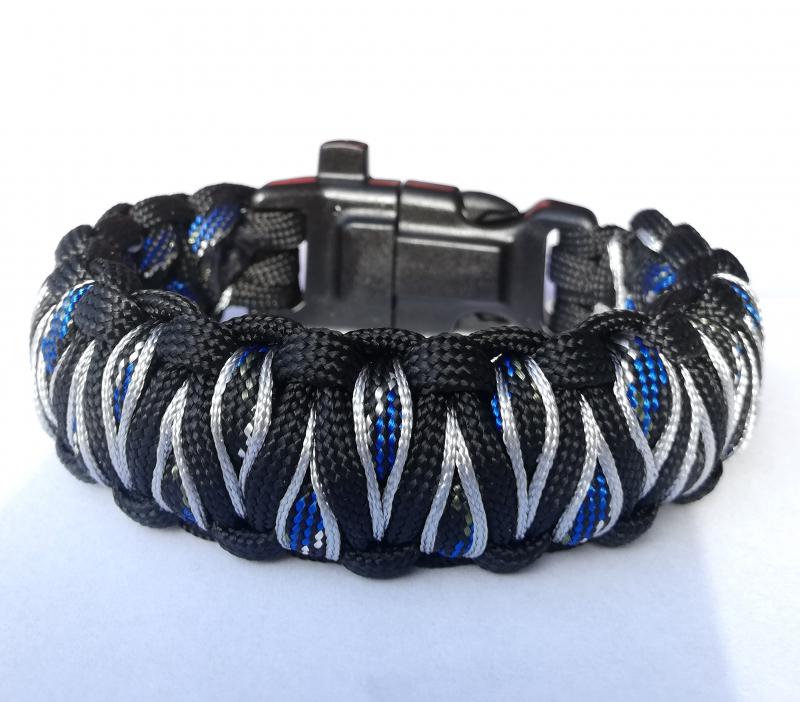Taktikai túlélő paracord karkötő 3 funkciós csattal DRAGON EYE fekete-kék-antik ezüst (csuklóméret: 18,5-19,5cm)