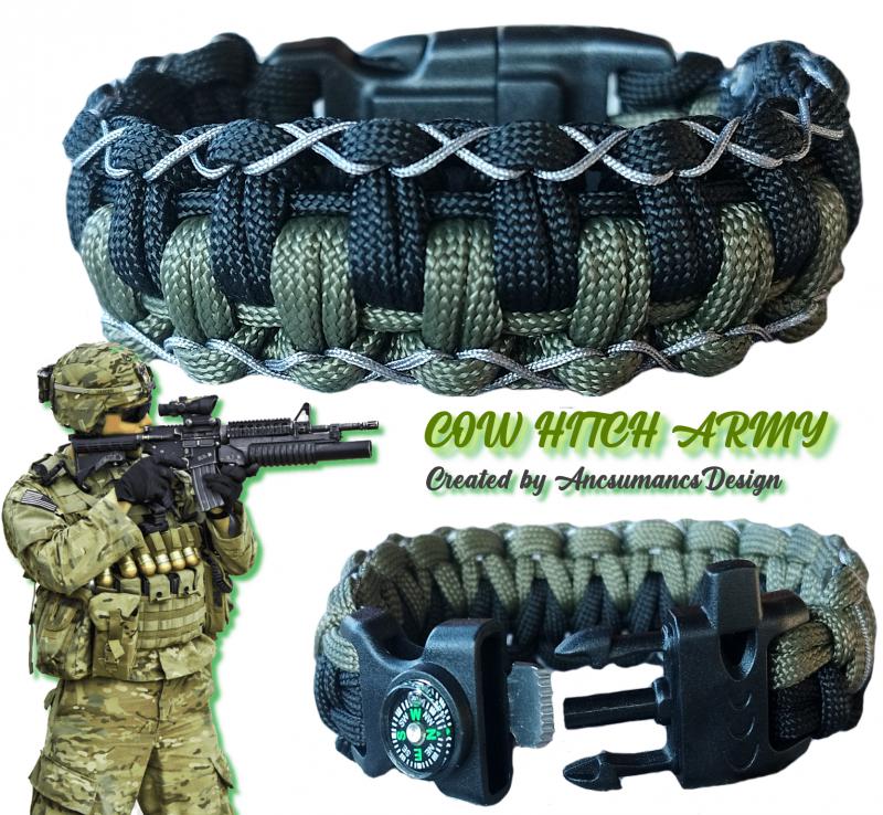 Taktikai túlélő paracord karkötő  biztonsági csattal COW HITCH ARMY fekete keki (csuklóméret 18-18,5cm)