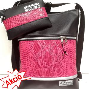 3in1 fekete pink metál hüllőmintás női hátizsák oldaltáska szett neszivel