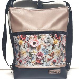 3in1 hátizsák univerzális táska 3D hatású virágok púder fekete alapon