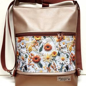 3in1 hátizsák univerzális táska 3D virágok Bronz púder alapon