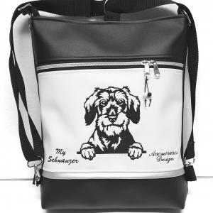 3in1 hímzett Schnauzer kutya hátizsák univerzális táska fekete fehér ezüst