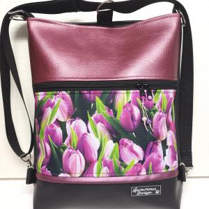 3in1 női hátizsák divattáska oldaltáska Lila tulipánok metál bőrrel