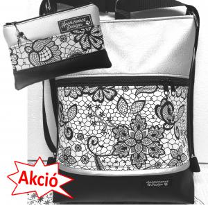 3in1 női hátizsák oldaltáska szett neszivel fekete ezüst csipke mintával