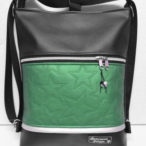 3in1 női hátizsák univerzális táska Zöld csillagok fekete alapon ezüst cipzárral