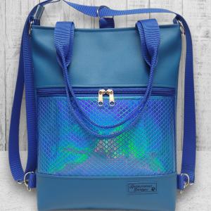4in1 elegáns női hátizsák oldaltáska Kék alapon kék hologramos sellő mintás bőrrel