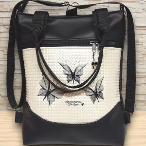 4in1 mosolyvonalas hátizsák univerzális táska hímzett pillangók fekete-piramispezsgő