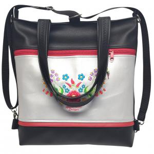4in1 nagy csini hímzett univerzális táska hátizsák Hungarian Folkart27 fekete ezüst