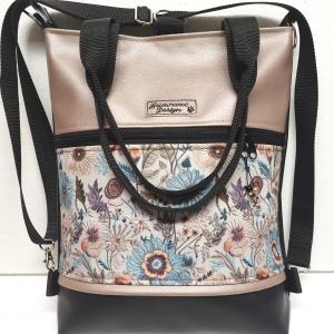 4in1 textilbőr hátizsák univerzális táska - Fekete gyöngyházpúder folk virágokkal