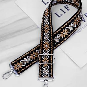 Állítható méretű designer táska vállpánt karabinerekkel 3,8cm folkart flowers black-brown and white 031