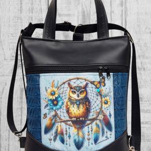 Álomfogó bagollyal Mosolyvonalas 4in1 textilbőr hátizsák oldaltáska rövid bőr kézifüllel