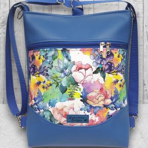 Aquarell virágok kék alapon mosolyvonalas 3in1 textilbőr hátizsák oldaltáska