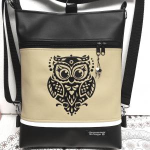 Art Bagoly 3in1 hímzett hátizsák univerzális táska fekete-drapp