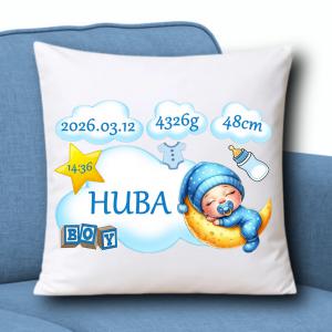 Babaváró babaköszöntő Díszpárna névvel adatokkal 35x35cm Fiú001